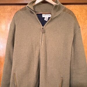 Orvis Men's XL Tan Heavy Lined Full Zip Sweater faux suede trim shoulders/pocket